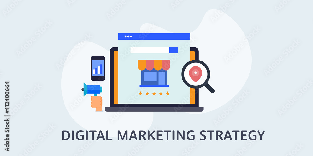 Digital marketing strategy for online business, ecommerce web store and e-business concept. Marketing technology for online retail business. Vector banner illustration. Digital marketing strategy for online business, ecommerce web store and e-business concept. Marketing technology for online retail business. Vector banner illustration.