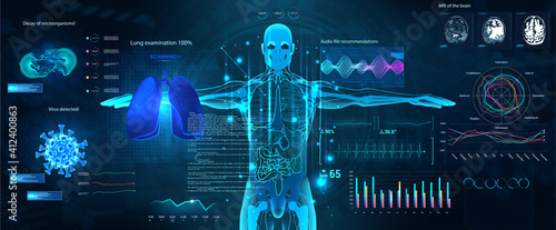 Sci-fi Healthcare examination HUD style. Full scan of the human body and all organs, Hi-tech x-ray. Identifying viruses and infections using AI. HUD illustration medical research. UI for medical app