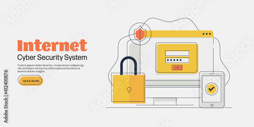 Line art illustration concept of internet security, password access, data protection and cybersecurity system lock for digital devices. 