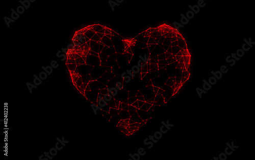 Love heart blockchain network concept with particles background 3d illustration