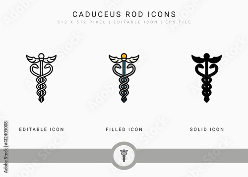 Caduceus rod icons set vector illustration with solid icon line style. Asclepius concept. Editable stroke icon on isolated background for web design, user interface, and mobile application