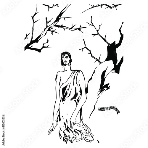 Antique emperor with burning manuscripts and thorny branches. Creative concept. Hand drawn art. Male archetype. Black and white silhouette.