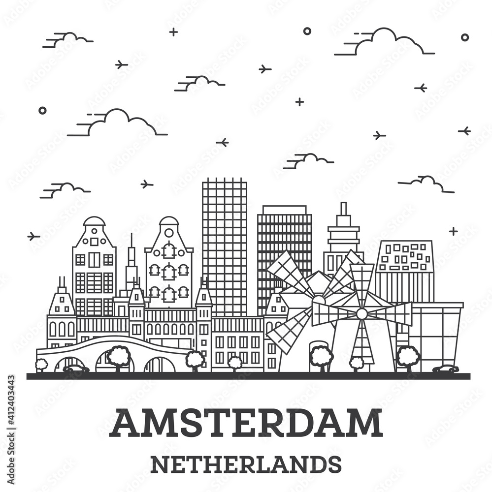 Outline Amsterdam Netherlands City Skyline with Historic Buildings Isolated on White. Outline Amsterdam Netherlands City Skyline with Historic Buildings Isolated on White.