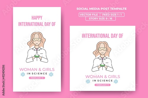 International Day of women and girls in science. The outline drawing style of a scientist holding a chemical bottle. Usable for social media feed, story, and banner. Flat design vector.