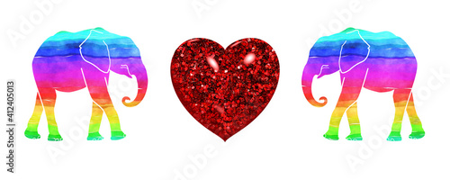 elephant Rainbow colors LGBT Flag symbols with red heart valentine day icon, illustration