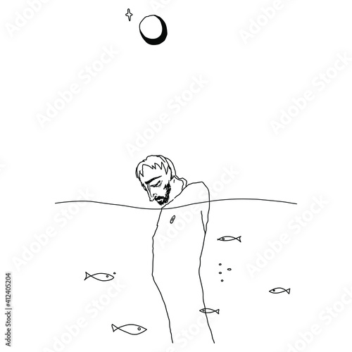 Tantalus. Ancient Greek mythology. man standing in water under crescent moon. Hand drawn linear sketch. Black and white illustration. Metaphor for subconscious and mental illness. 