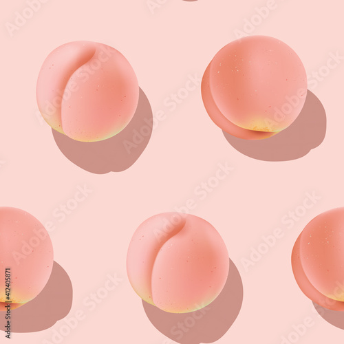 Fruit seamless pattern, pastel peaches with shadow on pink