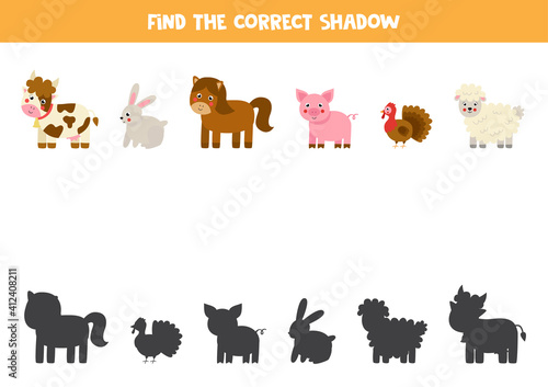 Find the correct shadows of farm animals. Logical puzzle for kids.