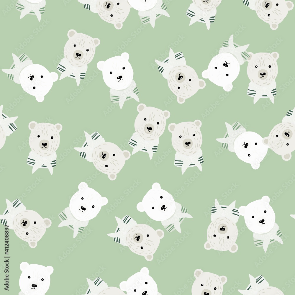 Pastel tones seamless doodle pattern with white polar bear random print. Light green background. Pastel tones seamless doodle pattern with white polar bear random print. Light green background.