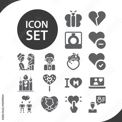 Simple set of love story related filled icons.