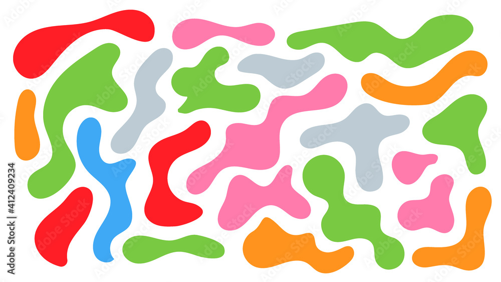 Color irregular blob, set of abstract organic shapes. Abstract irregular random blobs. Simple liquid amorphous splodge. Orange blue liquid shapes. Trendy minimal designs for presentations, banners
