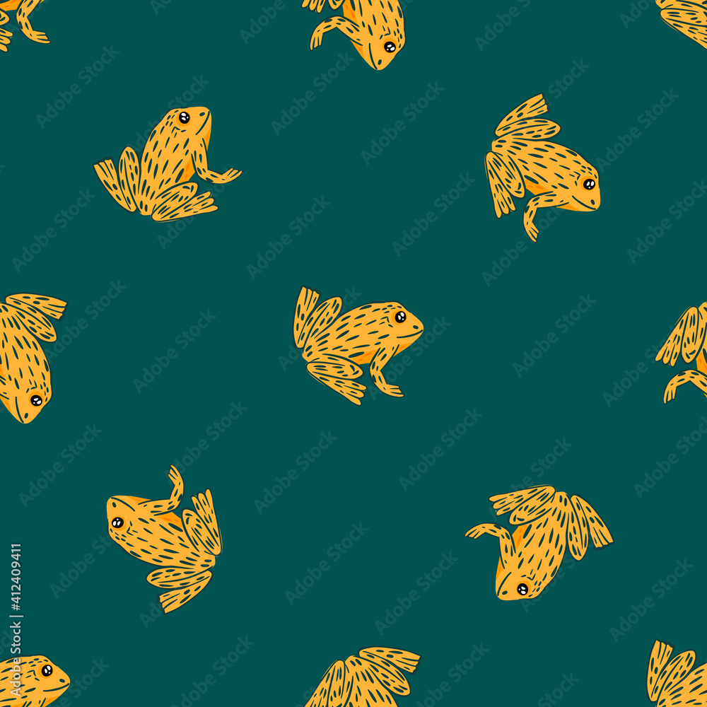 Abstract animal exotic seamless pattern with marine frog orange contoured shapes. Turquoise background. Abstract animal exotic seamless pattern with marine frog orange contoured shapes. Turquoise background.