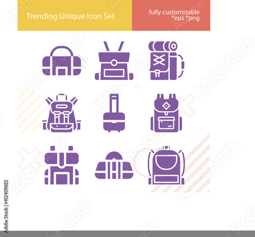 Simple set of backpack related filled icons.