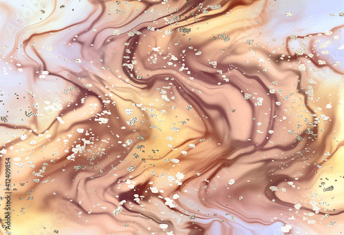 Abstract liquid marble painting background design with gold glitter spray texture.