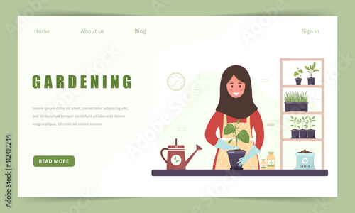 Gardening hobby website landing page. Islamic woman replanting seedlings in orangery. Vector illustration in flat cartoon style. Domestic plants nursery and care concept.