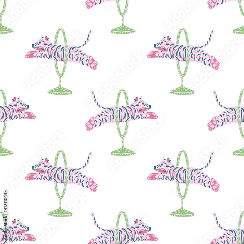 Seamless isolated pattern with exotic wild cat circus print. Pink tiger jumping across ring ornament.