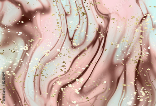 Abstract liquid marble painting background print with gold glitter splatter texture.