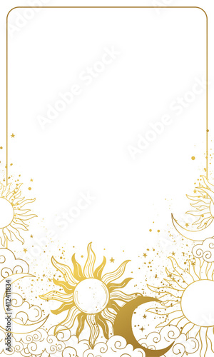Heavenly modern card with golden sun and moon, vintage background for astrology and horoscope, natal chart with stars in boho design. Vector illustration isolated on white background