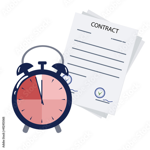 Contract and alarm clock. The document is about to expire. The concept of controlling or scheduling time to sign a new contract. Time is running out. Vector illustration. Flat style.