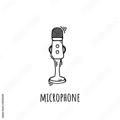 Microphone podcast doodle. Online concept. Modern scetch vector illustration for blogger. Digital background.