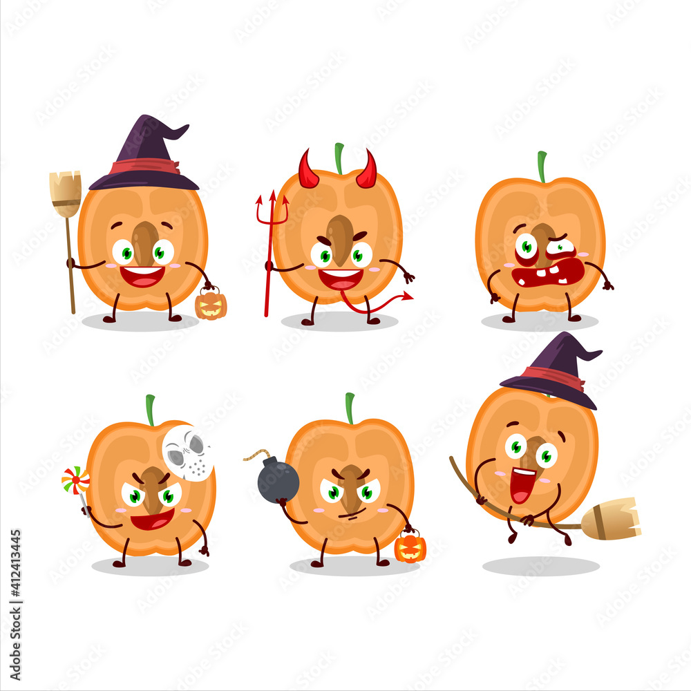 Halloween expression emoticons with cartoon character of slice of apricot Halloween expression emoticons with cartoon character of slice of apricot