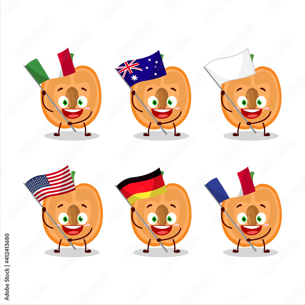 Slice of apricot cartoon character bring the flags of various countries Slice of apricot cartoon character bring the flags of various countries