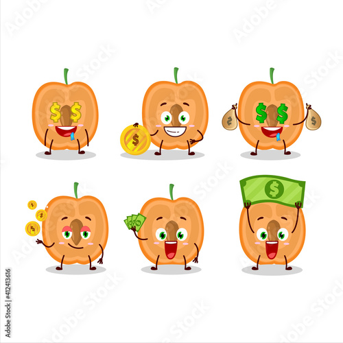 Fototapeta Naklejka Na Ścianę i Meble -  Slice of apricot cartoon character with cute emoticon bring money