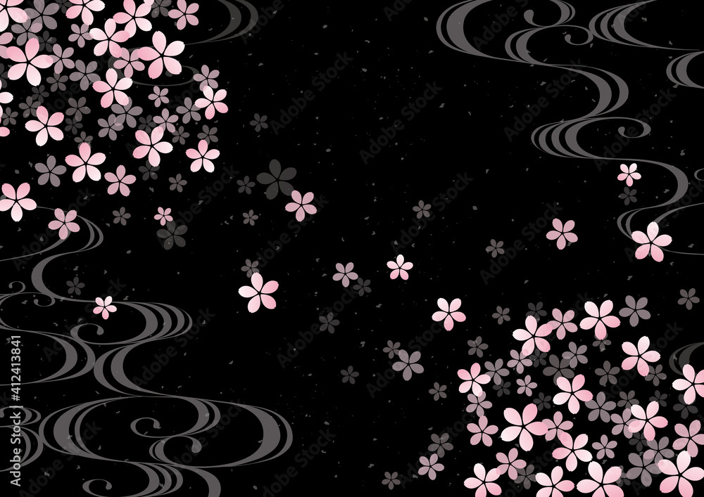 夜桜と優雅な波の和柄黒