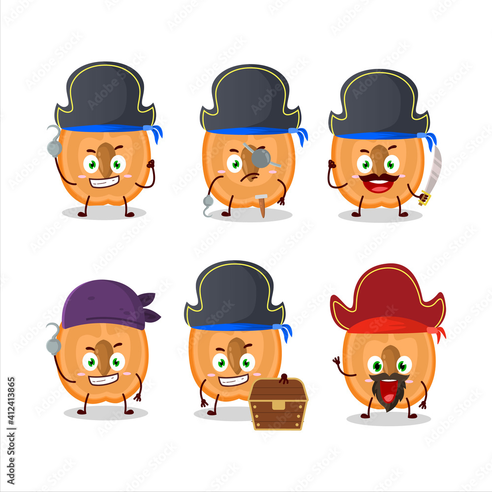 Cartoon character of slice of apricot with various pirates emoticons Cartoon character of slice of apricot with various pirates emoticons