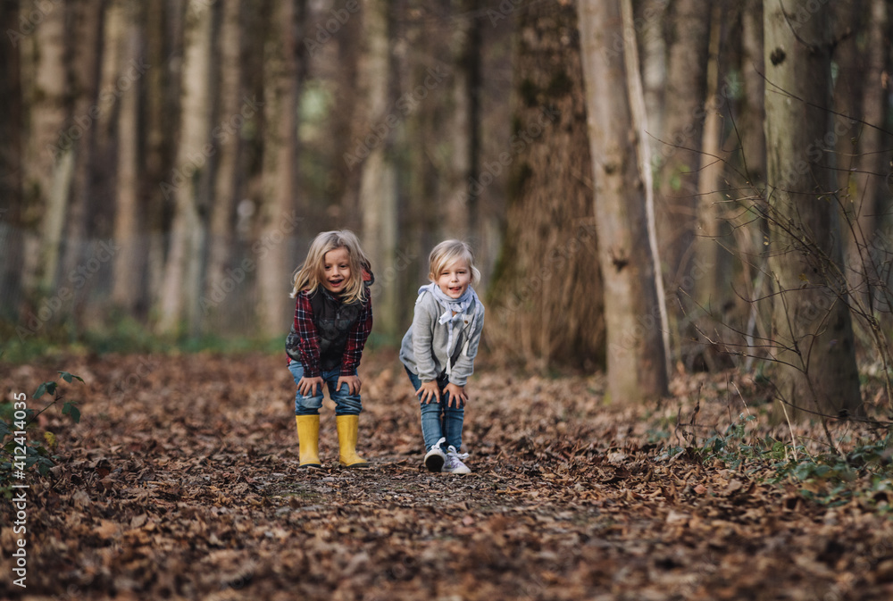 cheeky little boy and girl standing in autumnal forest cheeky little boy and girl standing in autumnal forest