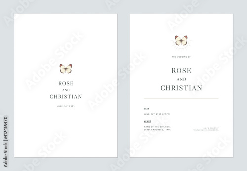 Minimalist wedding invitation card template design decorated with Colotis antevippe on white