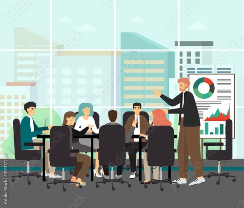 Board of directors meeting withwhite man as a CEO, concept vector illustration. Business executive meeting and presentation. Business concefence and team work