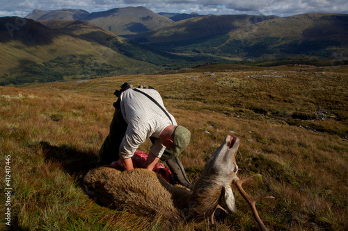 A stalker guts a red deer stag in front of a scottish landscape photo