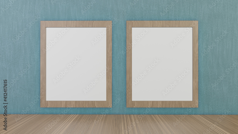 Fototapeta premium The blank picture frames on green wallpaper for background 3d rendering