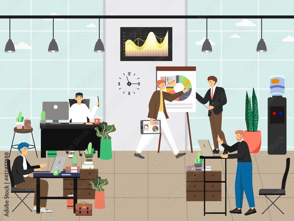 People work in office vector illustration. Team of employees work in business interior. Office workplace concept in flat style People work in office vector illustration. Team of employees work in business interior. Office workplace concept in flat style