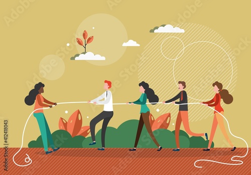Black woman pulls a rope against team of white people. Stop racism in business concept vector illustration. Black lives matter. Fight for the rights, race and gender equality. Tug of war