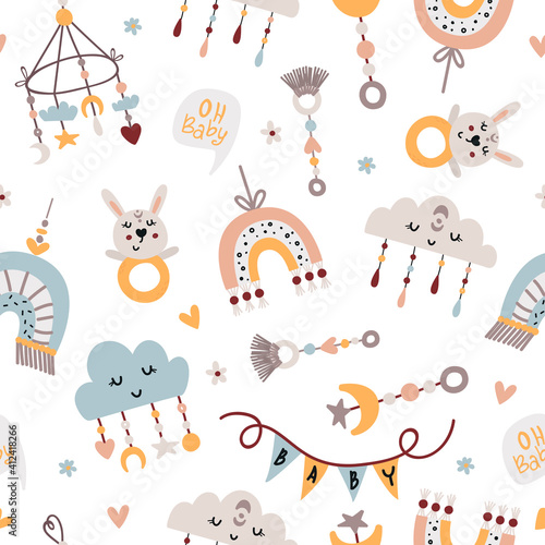 Seamless pattern with baby mobiles and toys.