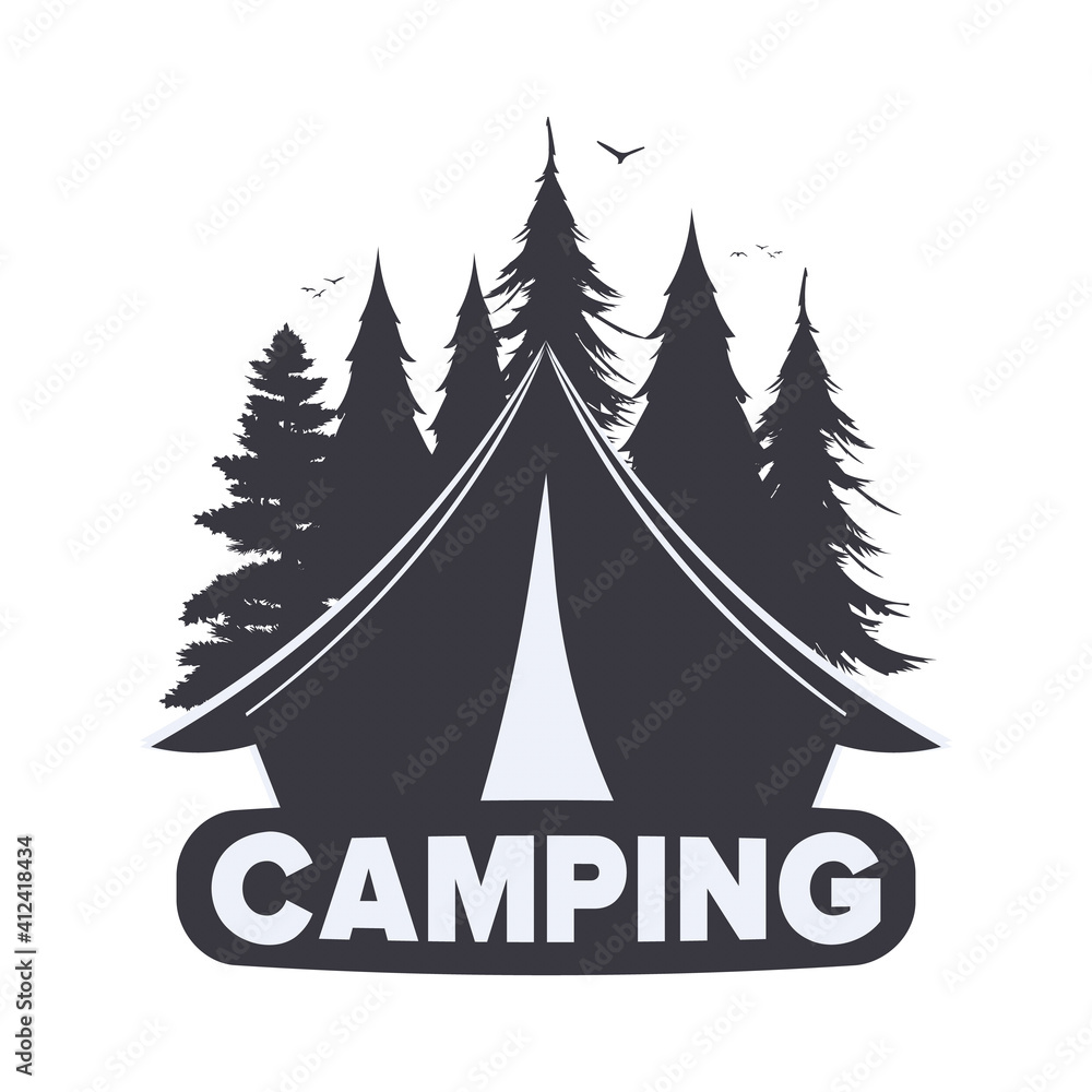 Camping logo with tent and forest silhouette. Isolated. Vector.