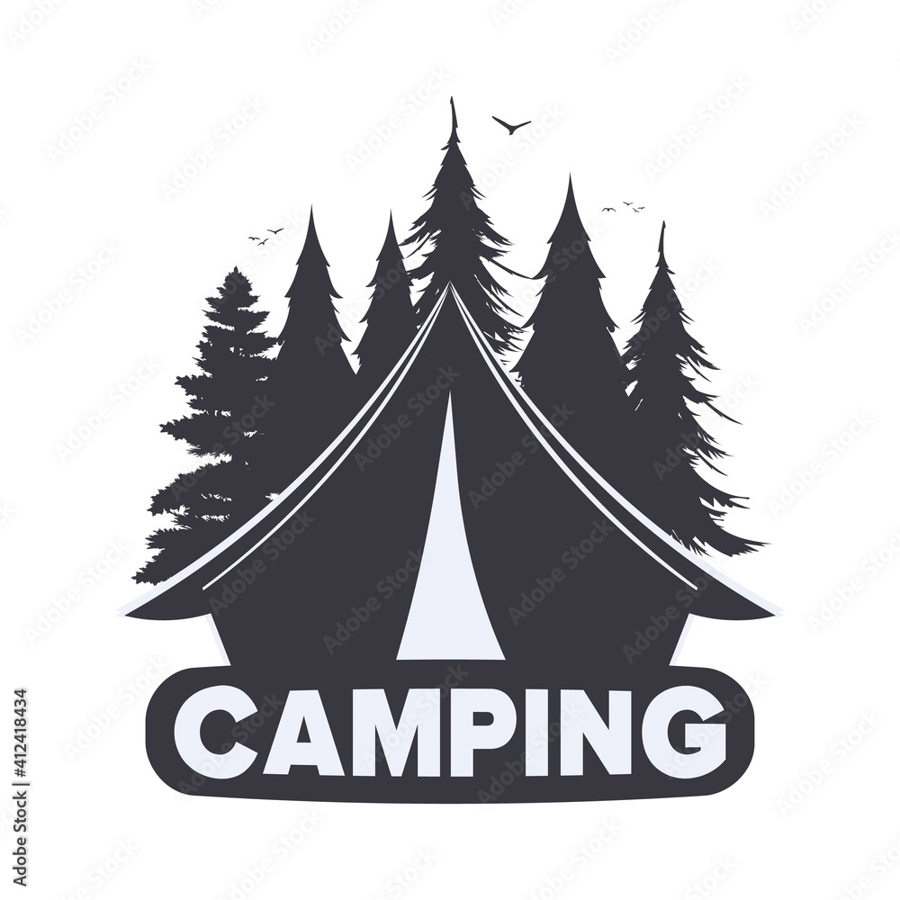 Camping logo with tent and forest silhouette. Isolated. Vector. Camping logo with tent and forest silhouette. Isolated. Vector.