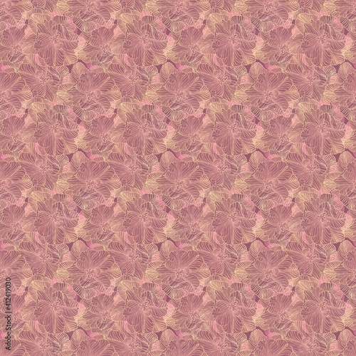 Pastel pink seamless stylized floral pattern with golden streaks. Blooming tulips art. Beautiful organic background for wrappers, packaging, different designs. © Yana Mirta