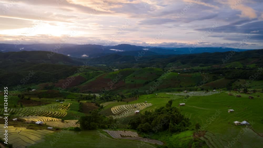 Hyper lapse video 4k, Aerial view Beautiful of sunrise with cloud scapse on high mountains. Baan Pa Pong Pieng, Mae jam Chiang mai. Hyper lapse video 4k, Aerial view Beautiful of sunrise with cloud scapse on high mountains. Baan Pa Pong Pieng, Mae jam Chiang mai.