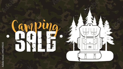 Camping sale banner. Camping logo with backpack and forest silhouette. Vector.
