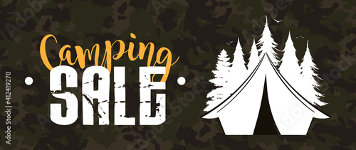 Camping sale banner. Camping logo with tent and forest silhouette. Vector.