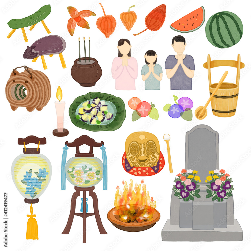 お盆の水彩画イラストセット Stock Illustration Adobe Stock