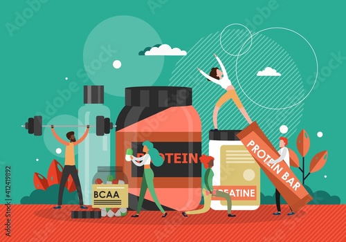 Whey protein and sport nutrition concept vector illustration. Healthy food, supplement protein bar, energy diet. Meal for active lifestyle and fitness exercise