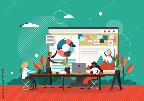 Business meeting concept vector illustration. Businessman makes presentation of new business strategy. Agile team work in office with analytics data board