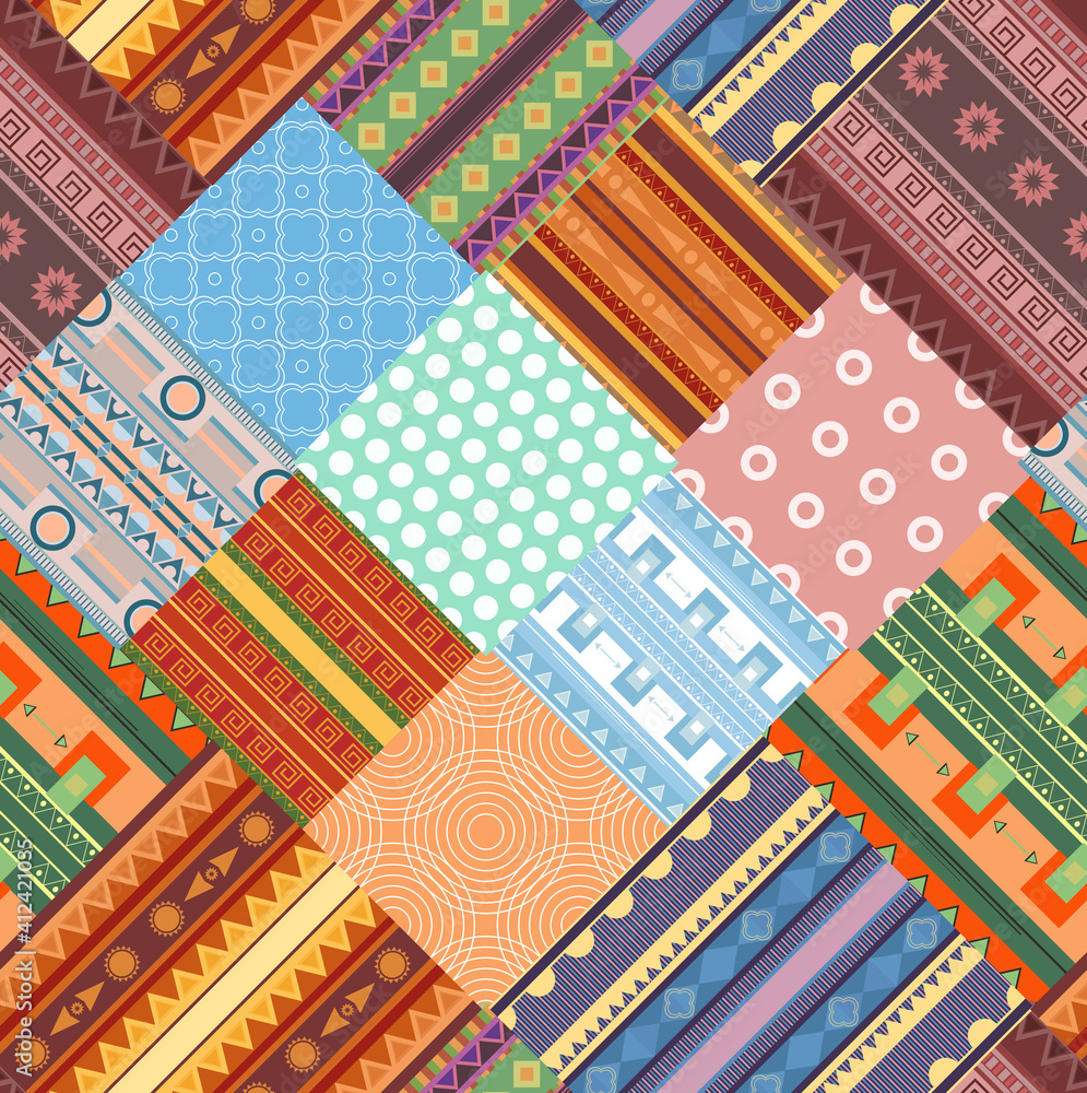 Cozy tribal patchwork blanket. Geometric ethnic pattern. Seamless fabric pattern. Wallpaper with pieces of decorations. Folk bedspread texture Cozy tribal patchwork blanket. Geometric ethnic pattern. Seamless fabric pattern. Wallpaper with pieces of decorations. Folk bedspread texture