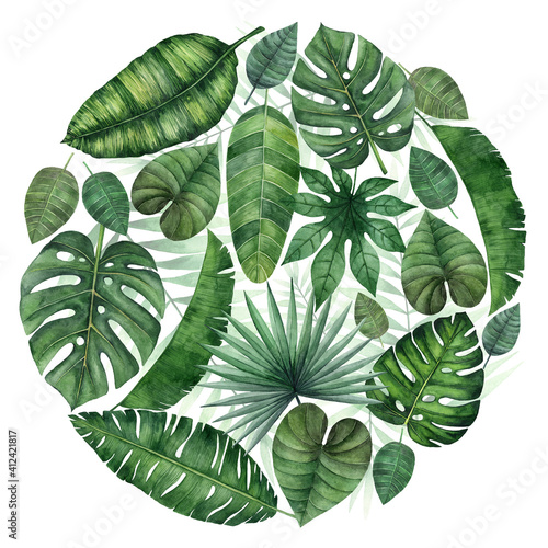 Watercolor composition with tropical leaves isolated on white background. Illustration for design of wedding invitations  greeting cards.