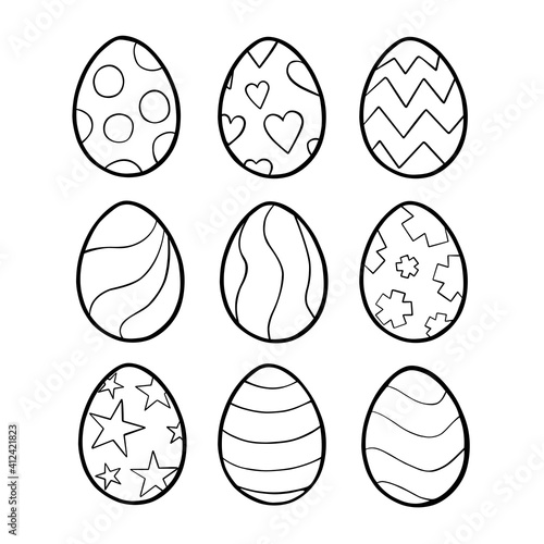 Nine black line Easter Egg with various patterns on white silhouette. Hand drawn cartoon style. Doodle for coloring, decoration or any design. Vector illustration of kid and holiday.
