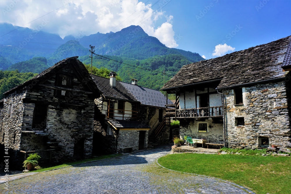 Picturesque village square in Frasco, Valle Verzasca, Switzerland Picturesque village square in Frasco, Valle Verzasca, Switzerland